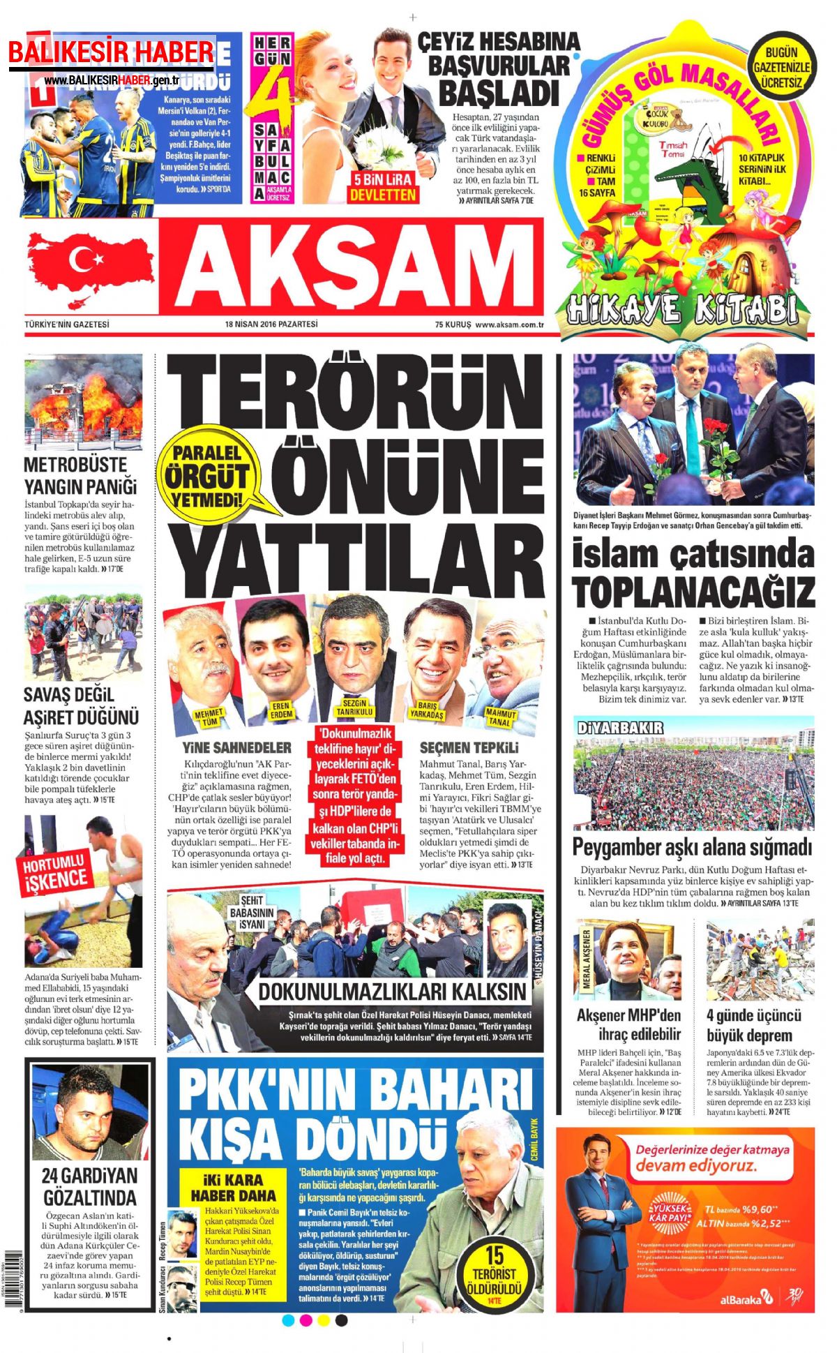 Akşam Gazetesi 18 Nisan 2016 Gazete Manşetleri