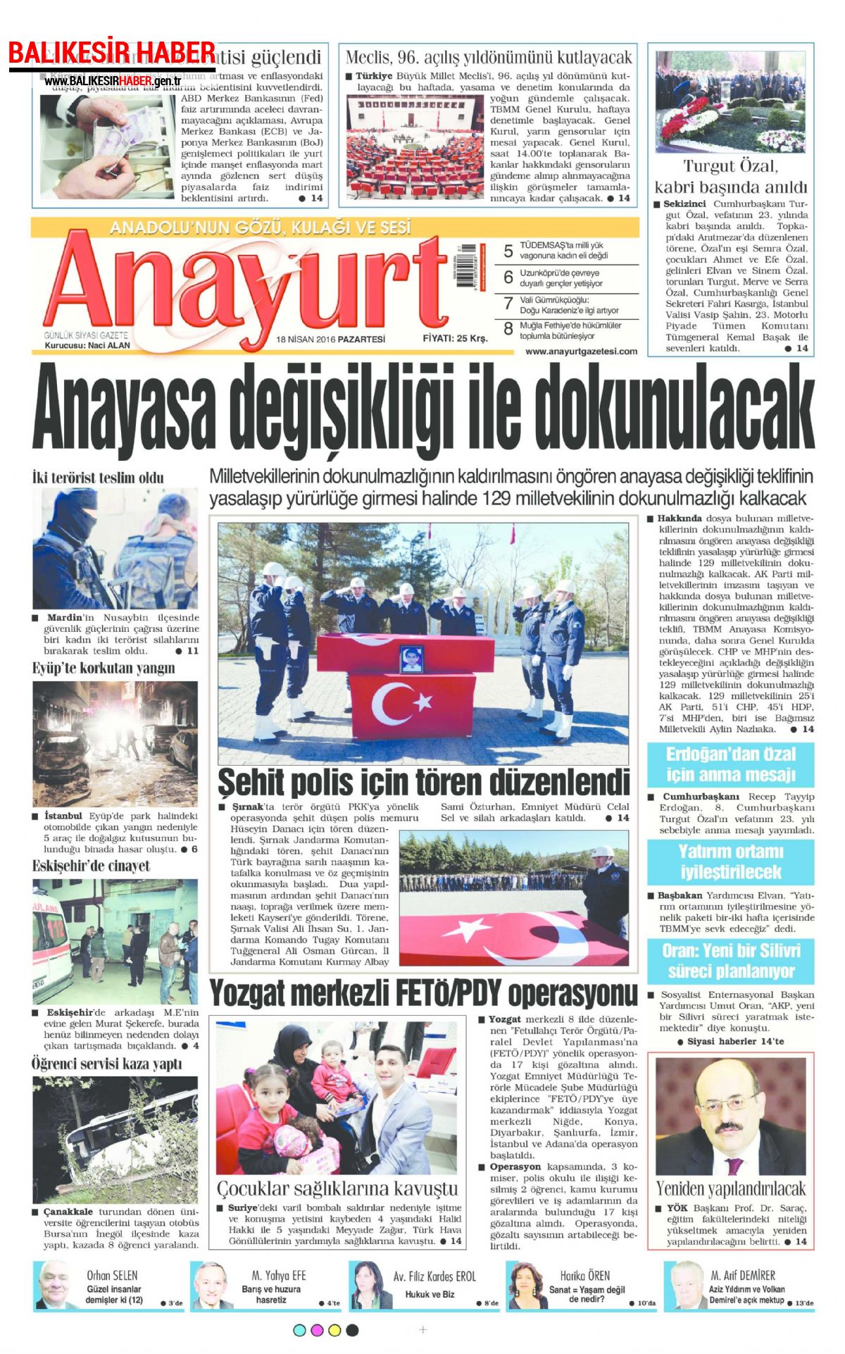 Anayurt Gazetesi 18 Nisan 2016 Gazete Manşetleri