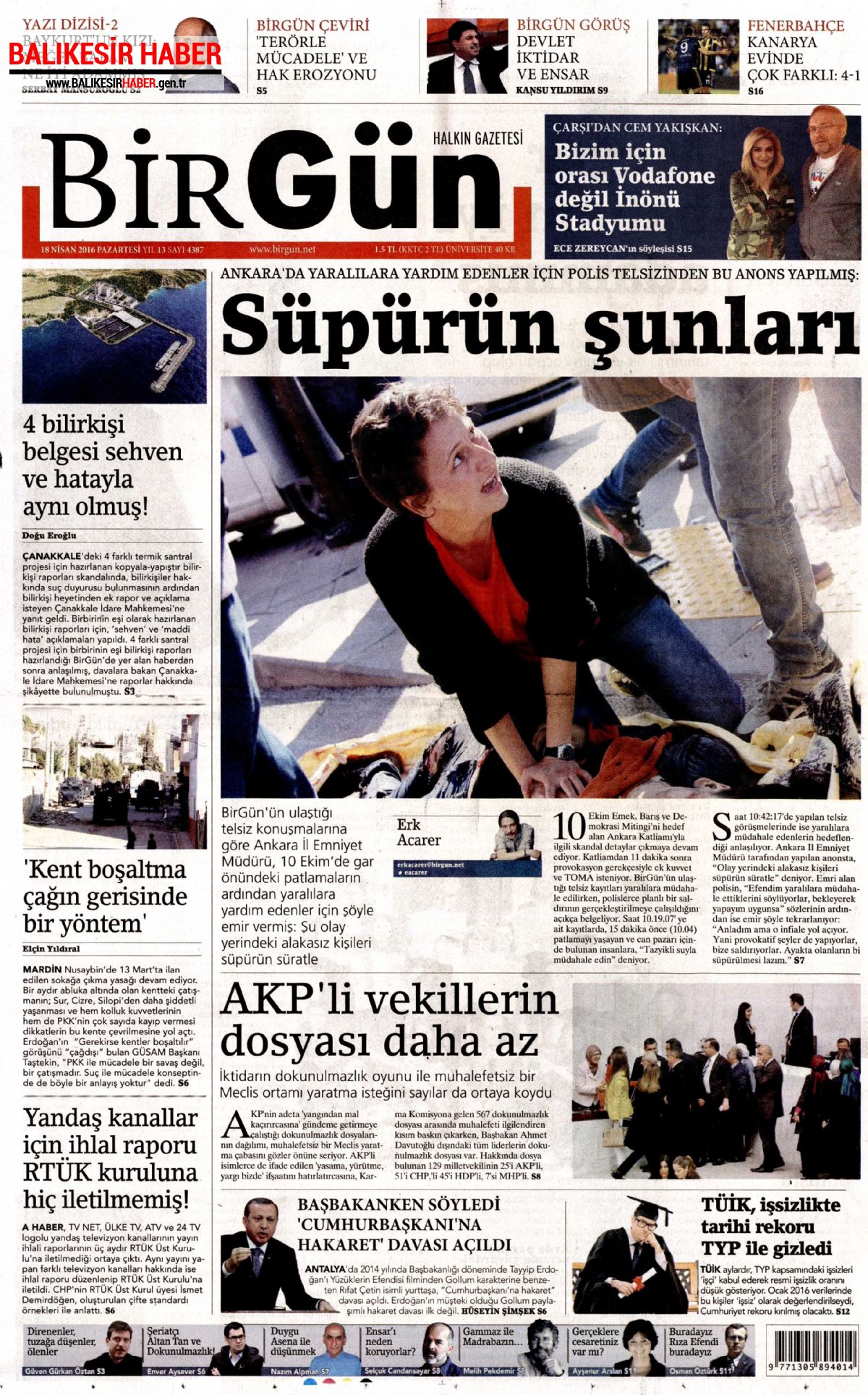 Birgün Gazetesi 18 Nisan 2016 Gazete Manşetleri