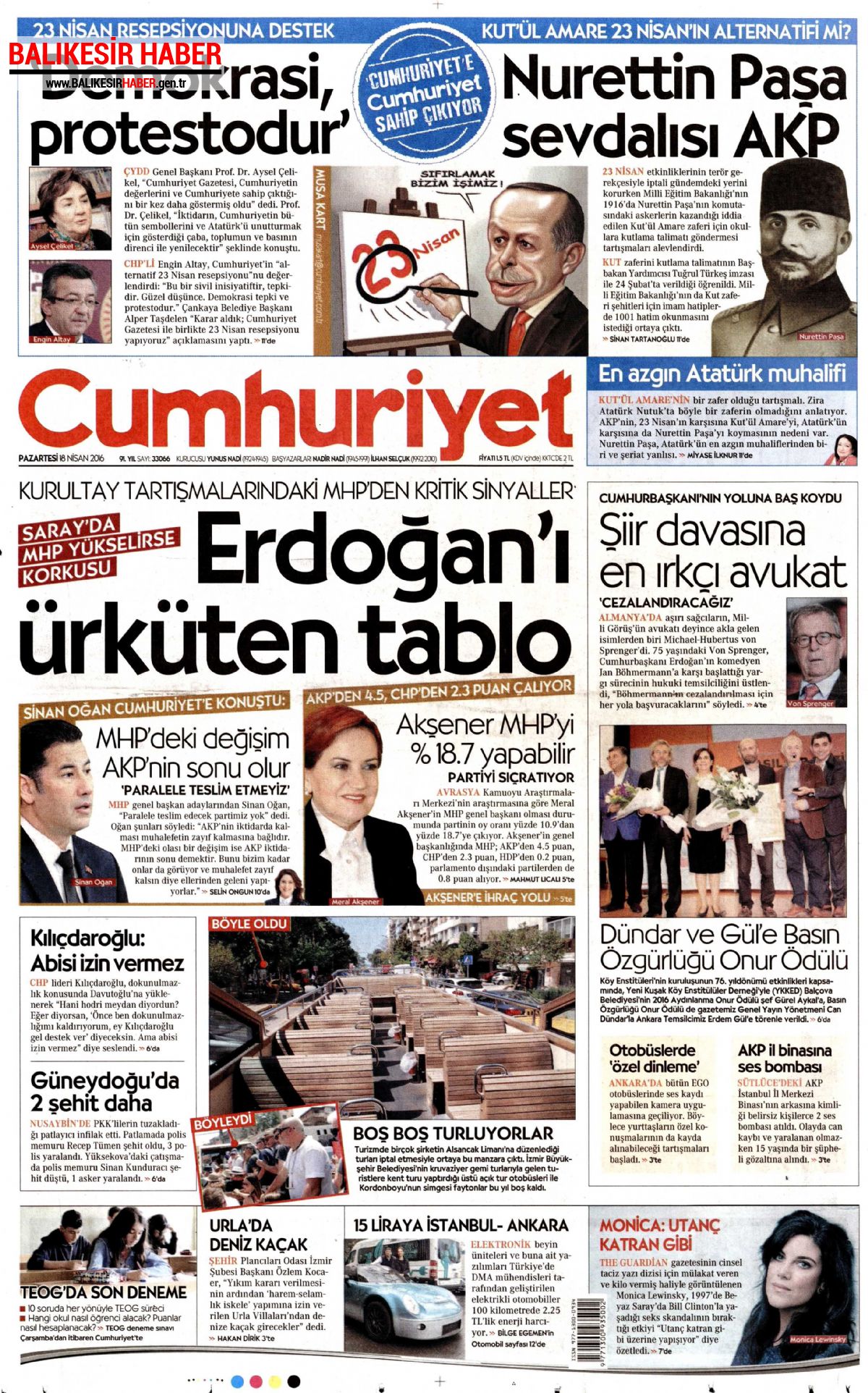 Cumhuriyet Gazetesi 18 Nisan 2016 Gazete Manşetleri