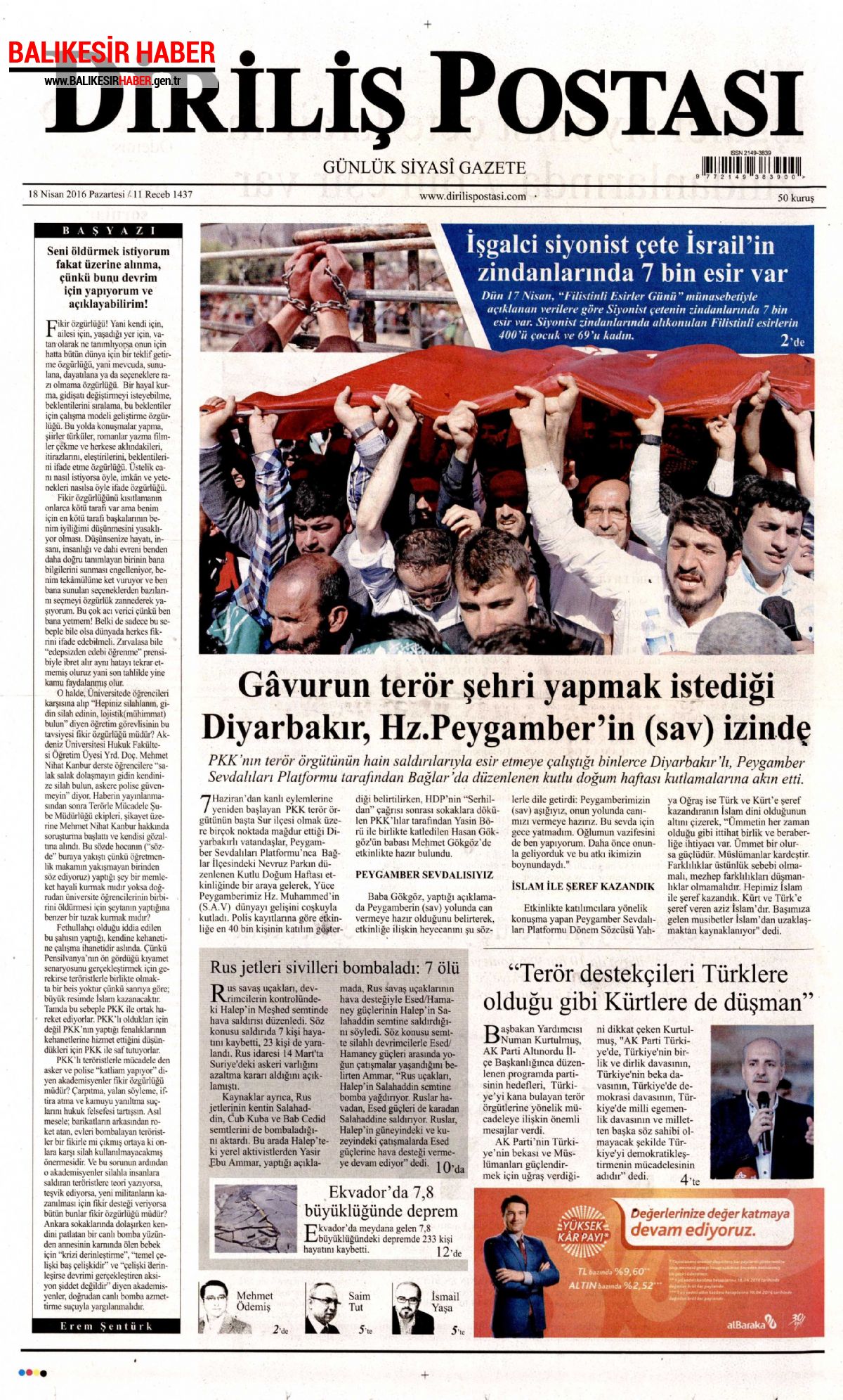 Diriliş Postası Gazetesi 18 Nisan 2016 Gazete Manşetleri