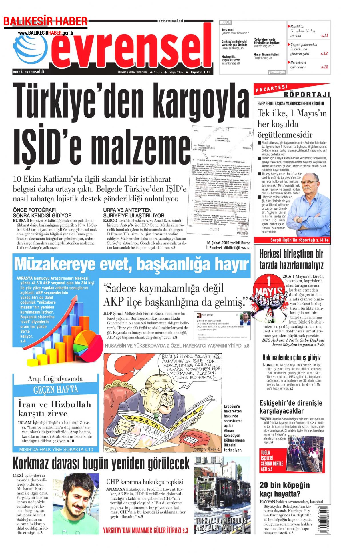 Evrensel Gazetesi 18 Nisan 2016 Gazete Manşetleri
