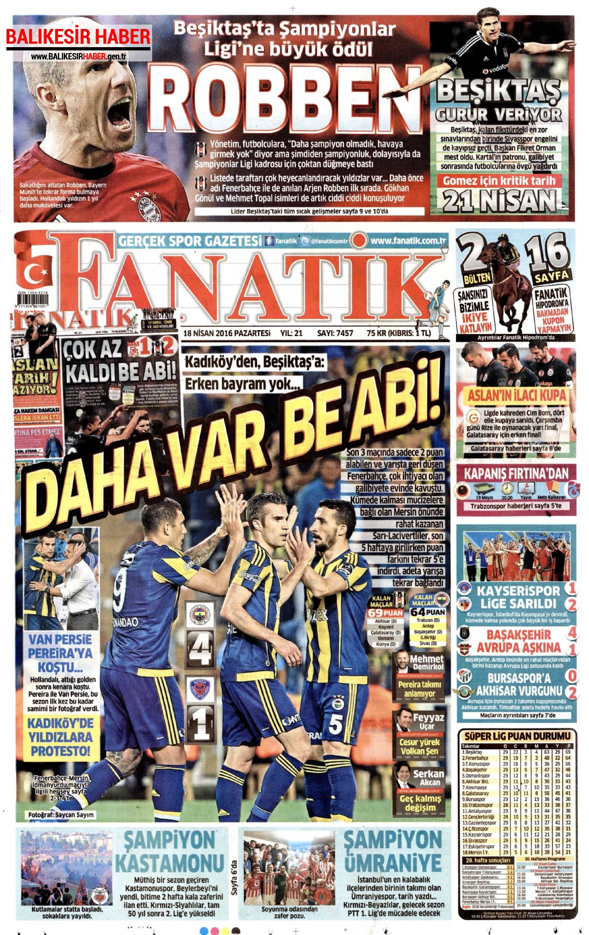 Fanatik Gazetesi 18 Nisan 2016 Gazete Manşetleri