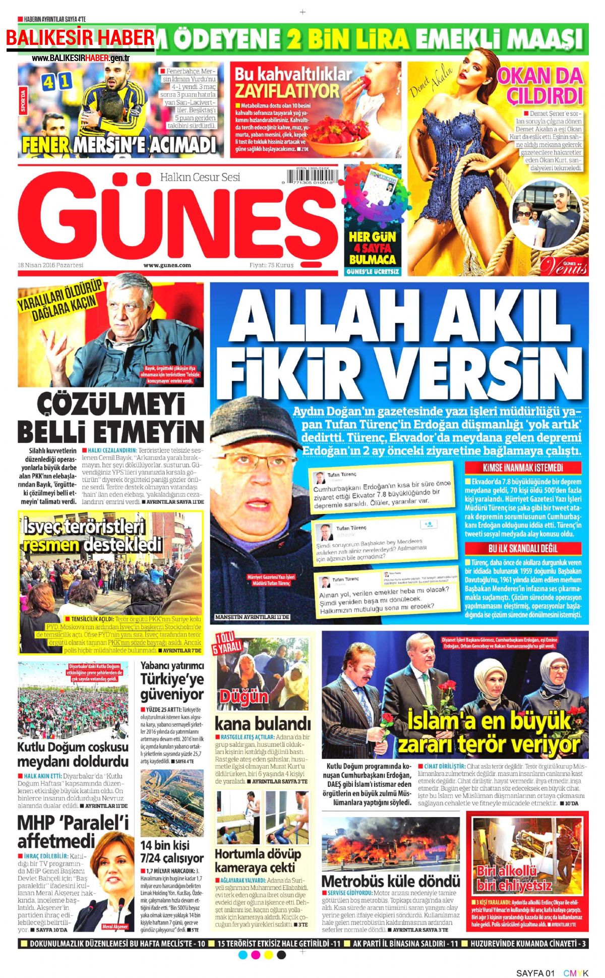 Güneş Gazetesi 18 Nisan 2016 Gazete Manşetleri