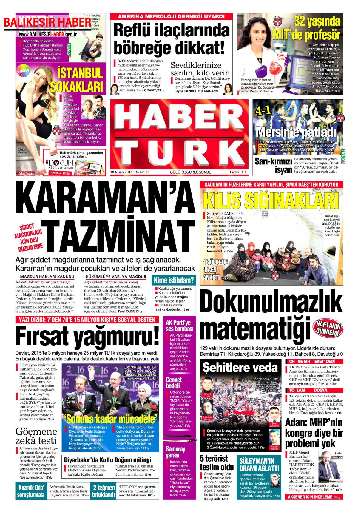 Habertürk Gazetesi 18 Nisan 2016 Gazete Manşetleri