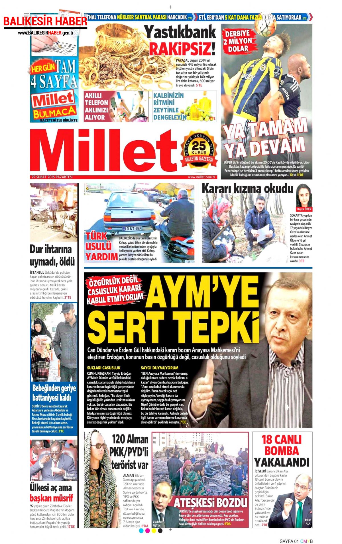 Millet Gazetesi 18 Nisan 2016 Gazete Manşetleri