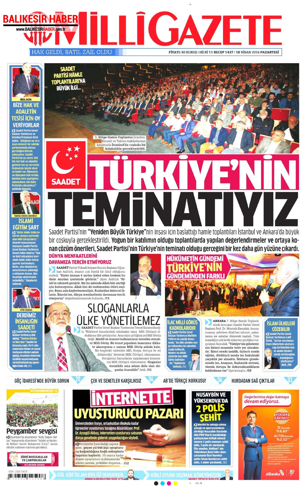 Milli Gazete Gazetesi 18 Nisan 2016 Gazete Manşetleri