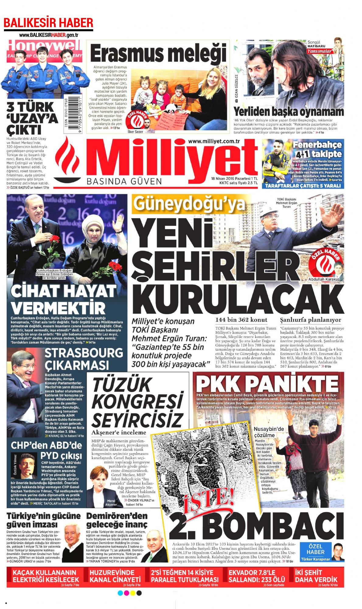 Milliyet Gazetesi 18 Nisan 2016 Gazete Manşetleri