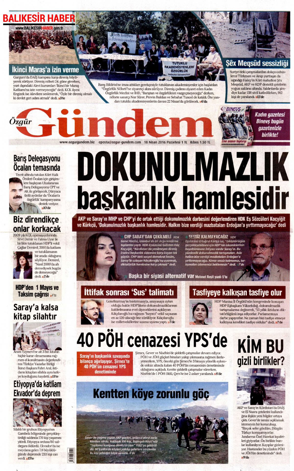 zgür Gündem Gazetesi 18 Nisan 2016 Gazete Manşetleri