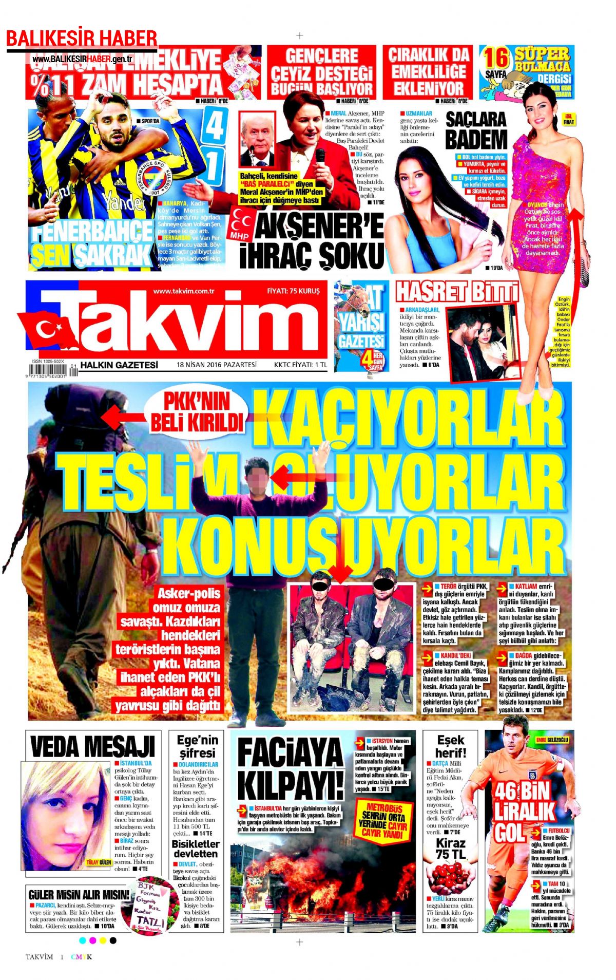 Takvim Gazetesi 18 Nisan 2016 Gazete Manşetleri