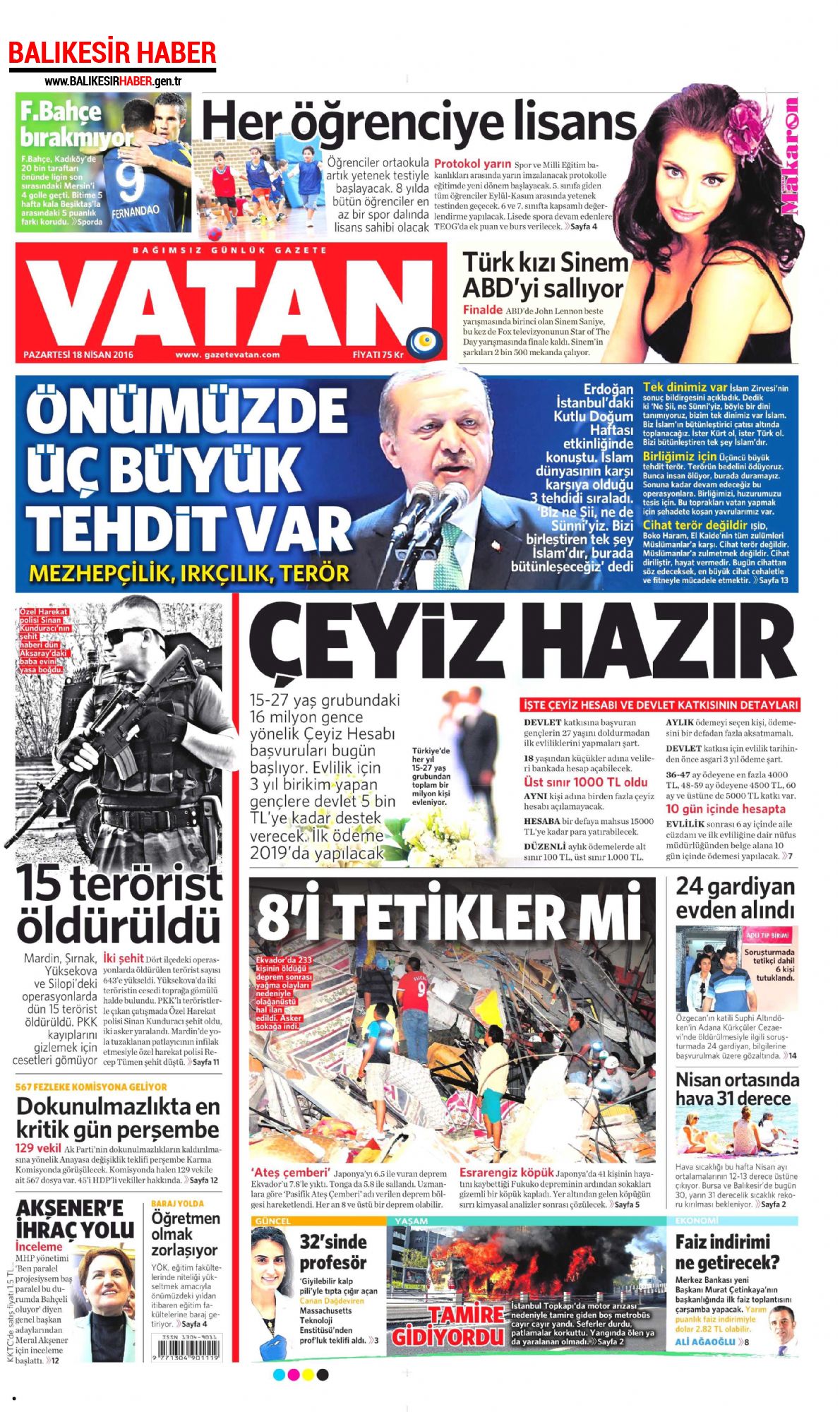 Vatan Gazetesi 18 Nisan 2016 Gazete Manşetleri