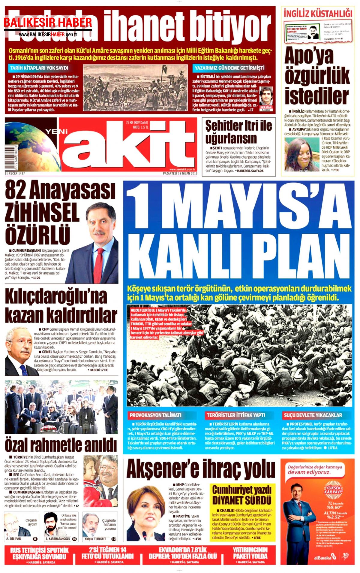 Yeni Akit Gazetesi 18 Nisan 2016 Gazete Manşetleri