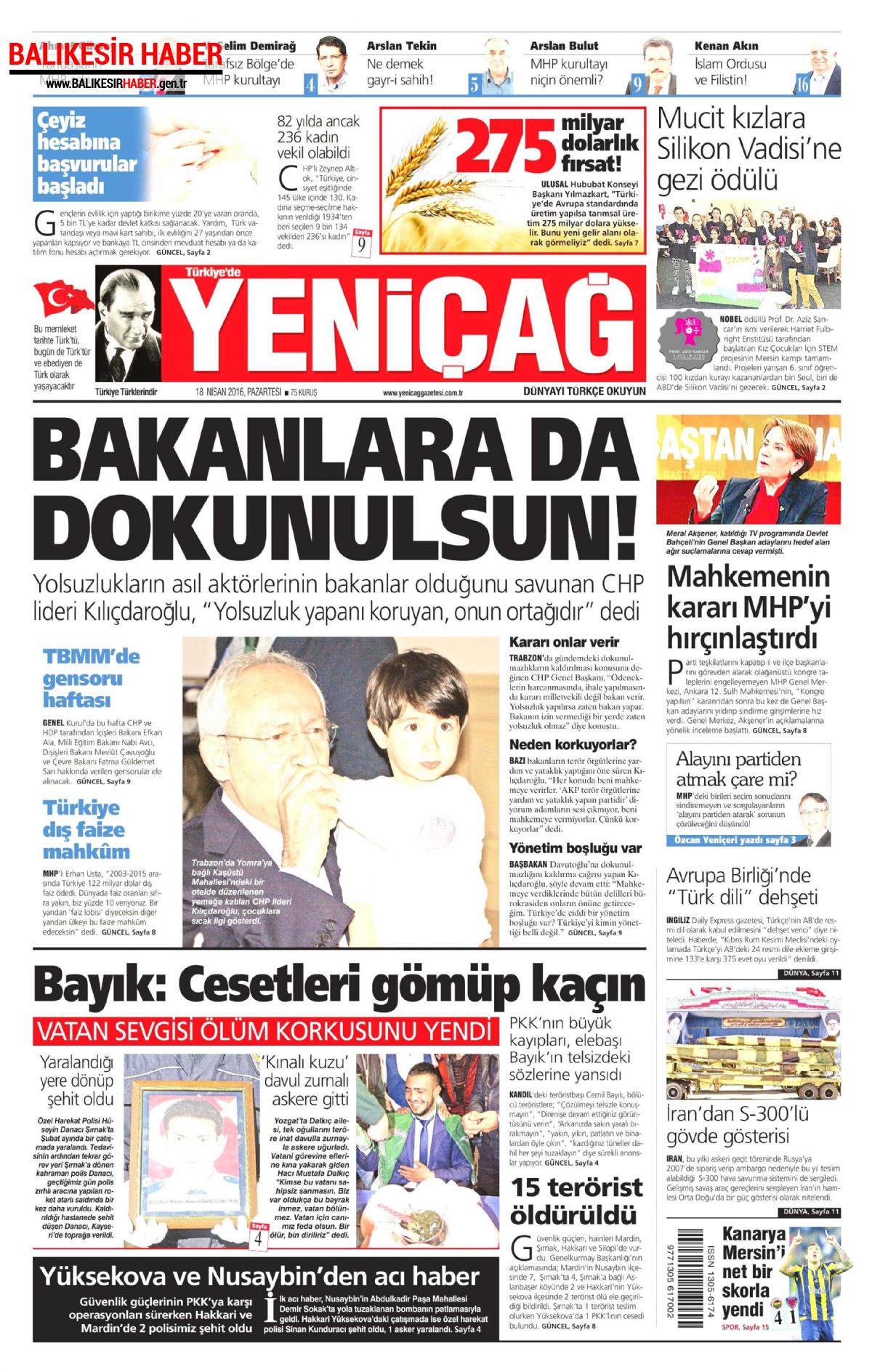 Yeniçağ Gazetesi 18 Nisan 2016 Gazete Manşetleri