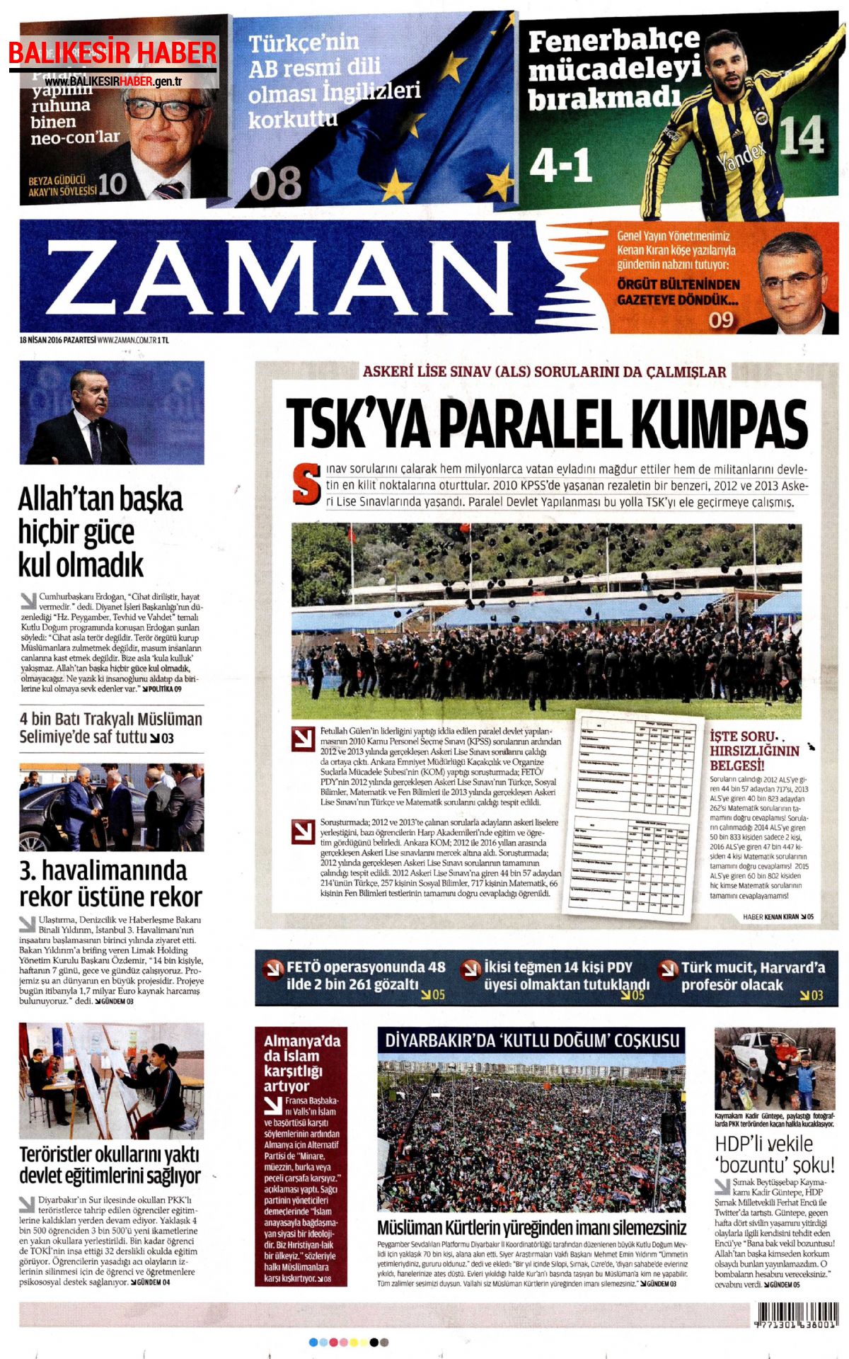 Zaman Gazetesi 18 Nisan 2016 Gazete Manşetleri